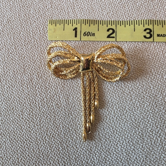 Gold Tone Bow Brooch Rope Tassel Dangle Vintage Style - Picture 5 of 5
